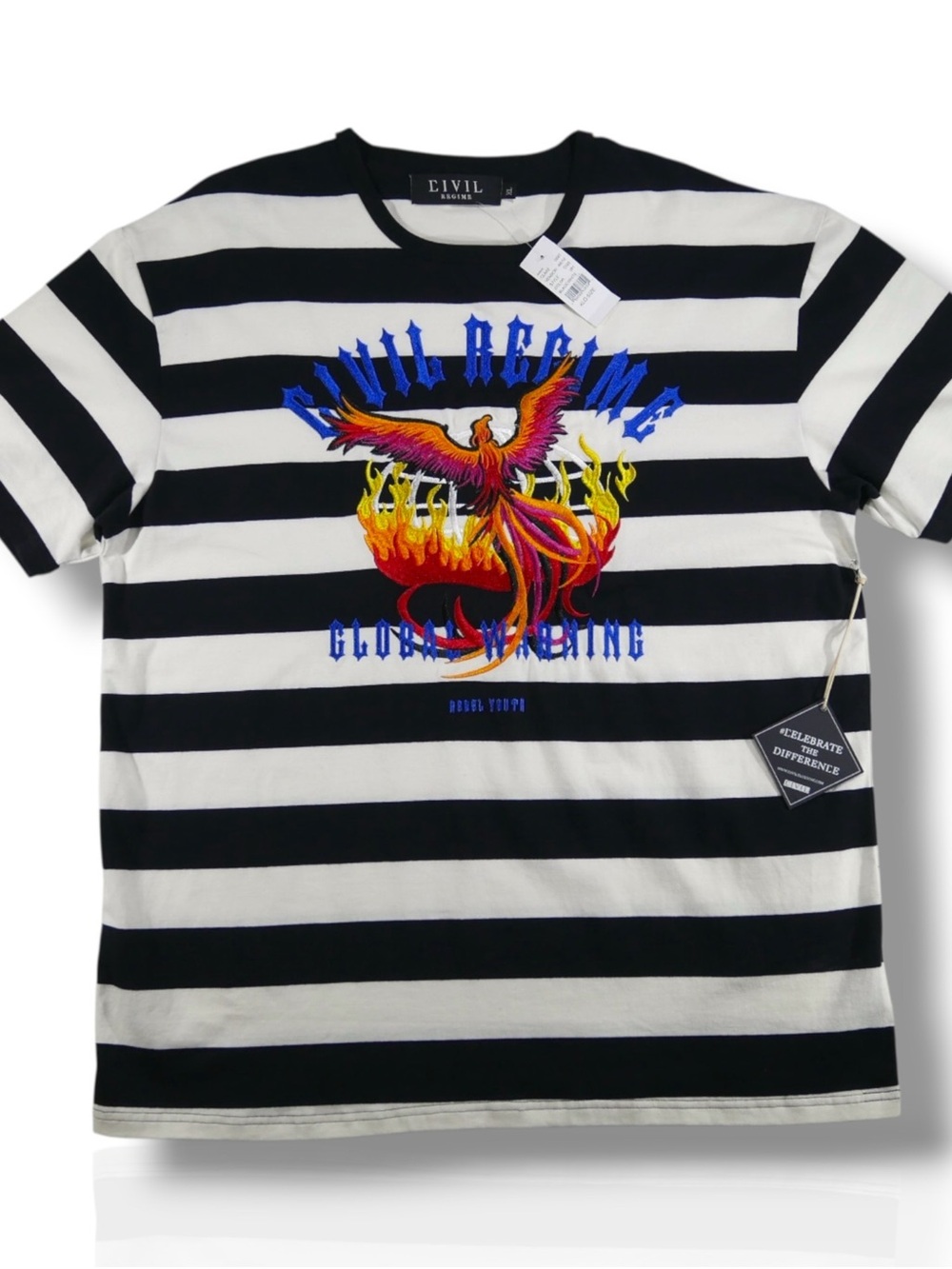 Civil Regime Global Warming Phoenix Embroidered Striped Tee XL NWT